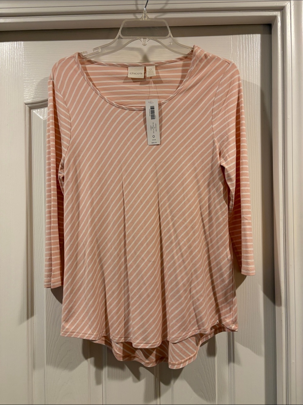 Chico’s Pink and White Striped Long Sleeve Scoop Neck top NWT size 0 / S